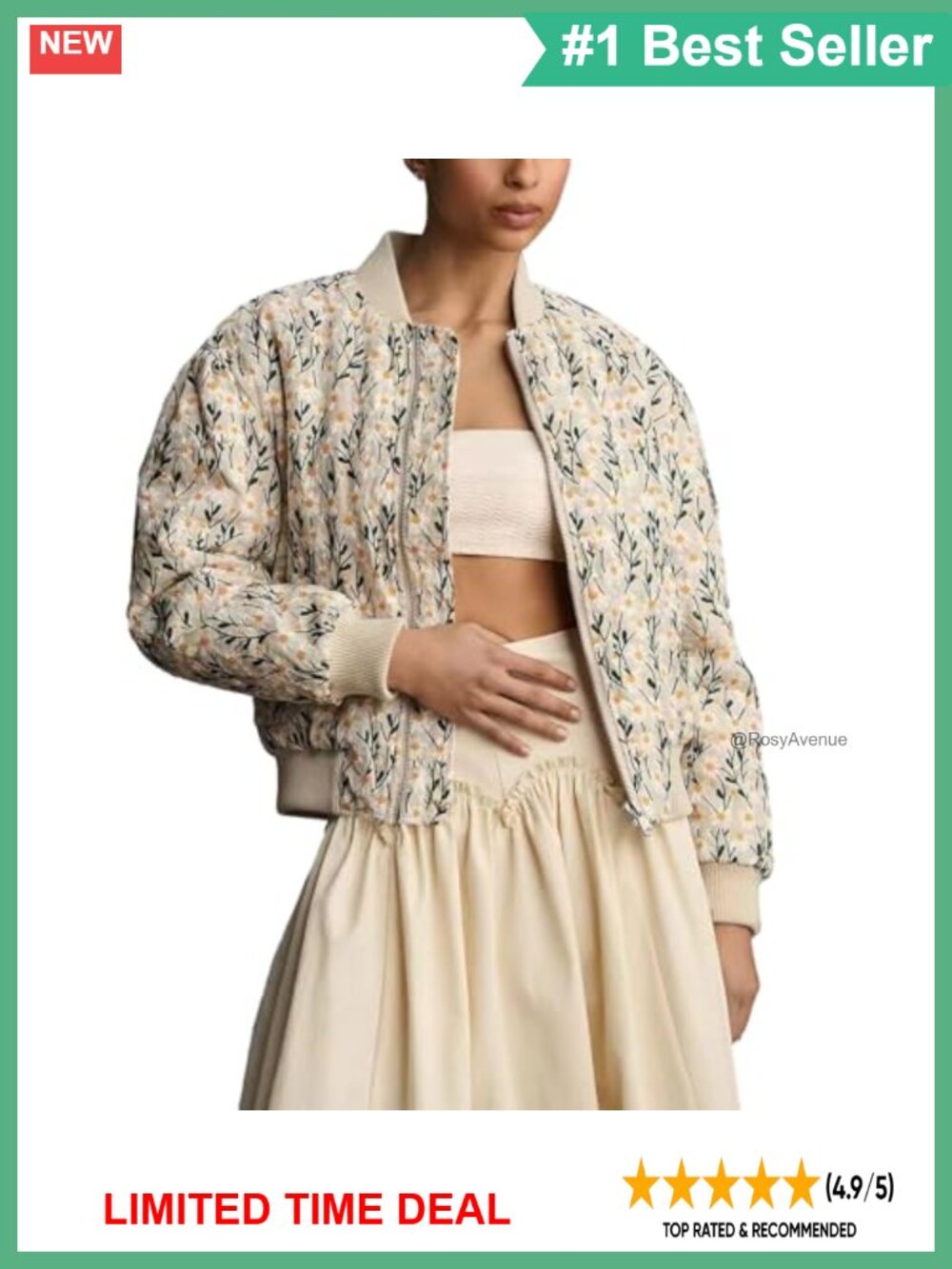 Womens Embroidered Daisy Cropped Bomber Jacket Quilted Puffer Coat